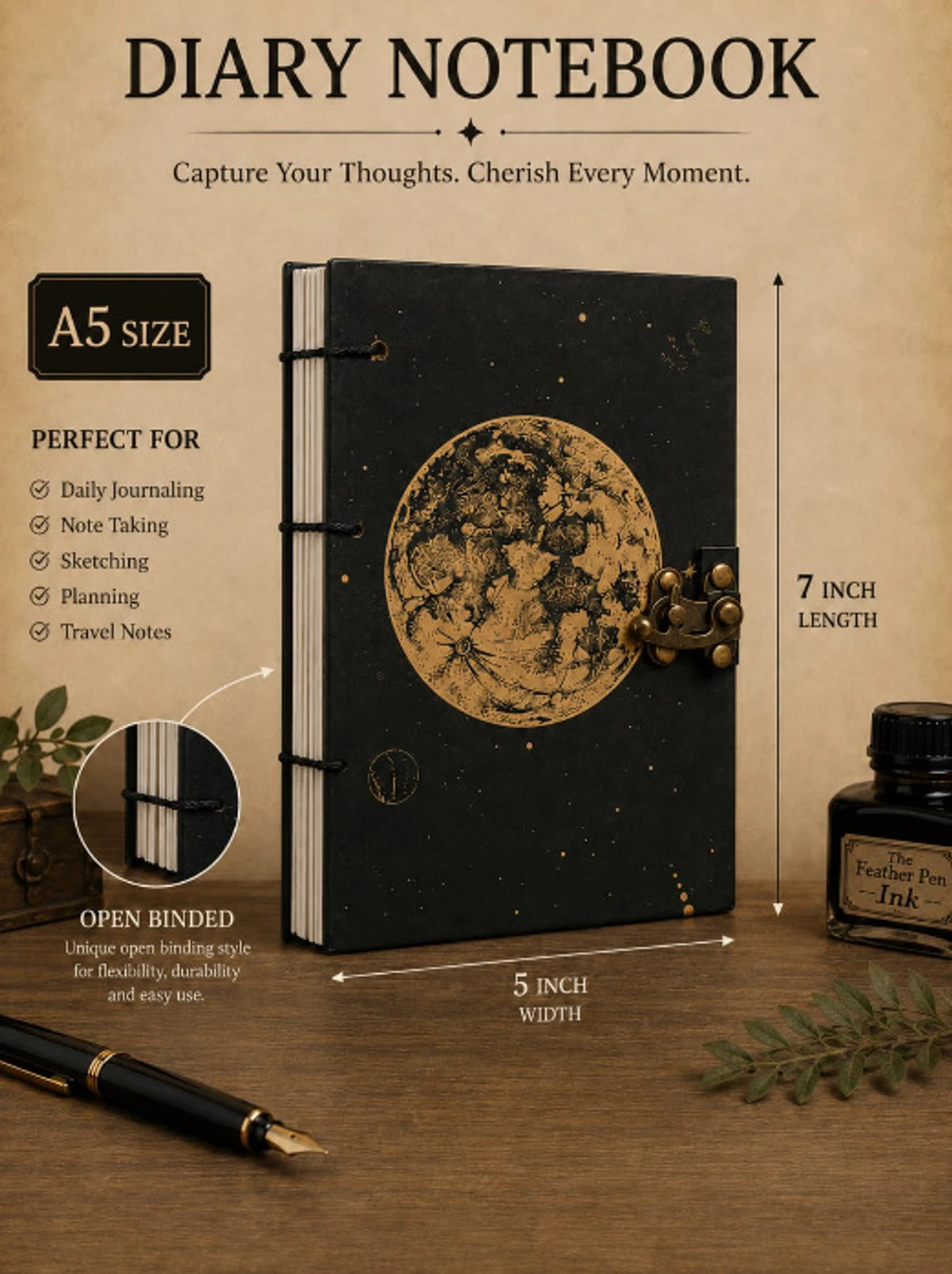 Moon Printed Vintage A5 Leather Diary with Lock Clasp