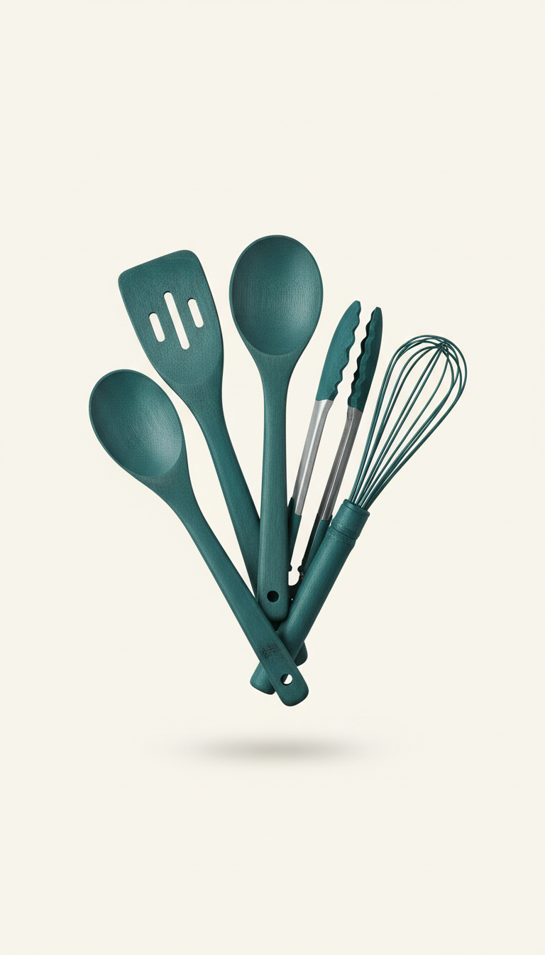 Teal Bamboo Cooking Utensil Set