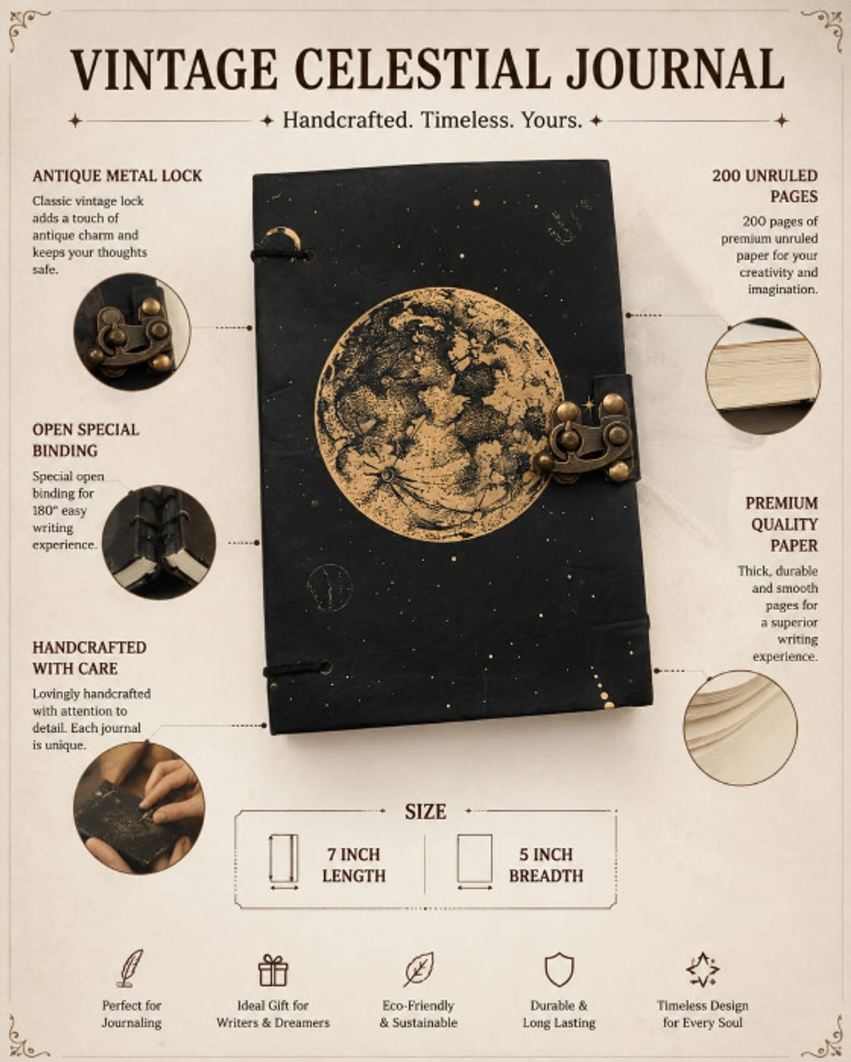 Moon Printed Vintage A5 Leather Diary with Lock Clasp