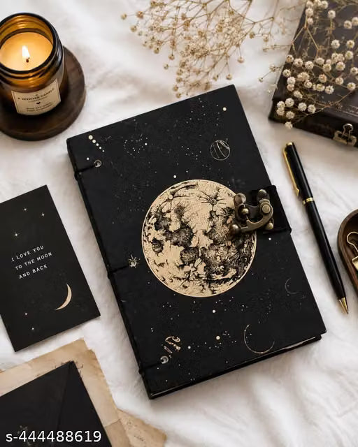 Moon Printed Vintage A5 Leather Diary with Lock Clasp