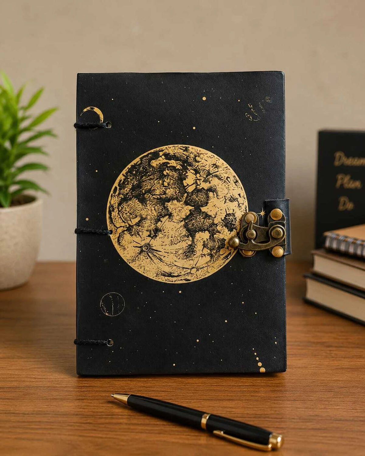 Moon Printed Vintage A5 Leather Diary with Lock Clasp