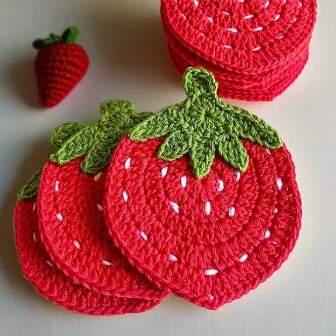 Strawberry Crochet Tea Coasters (Set 0f 6)